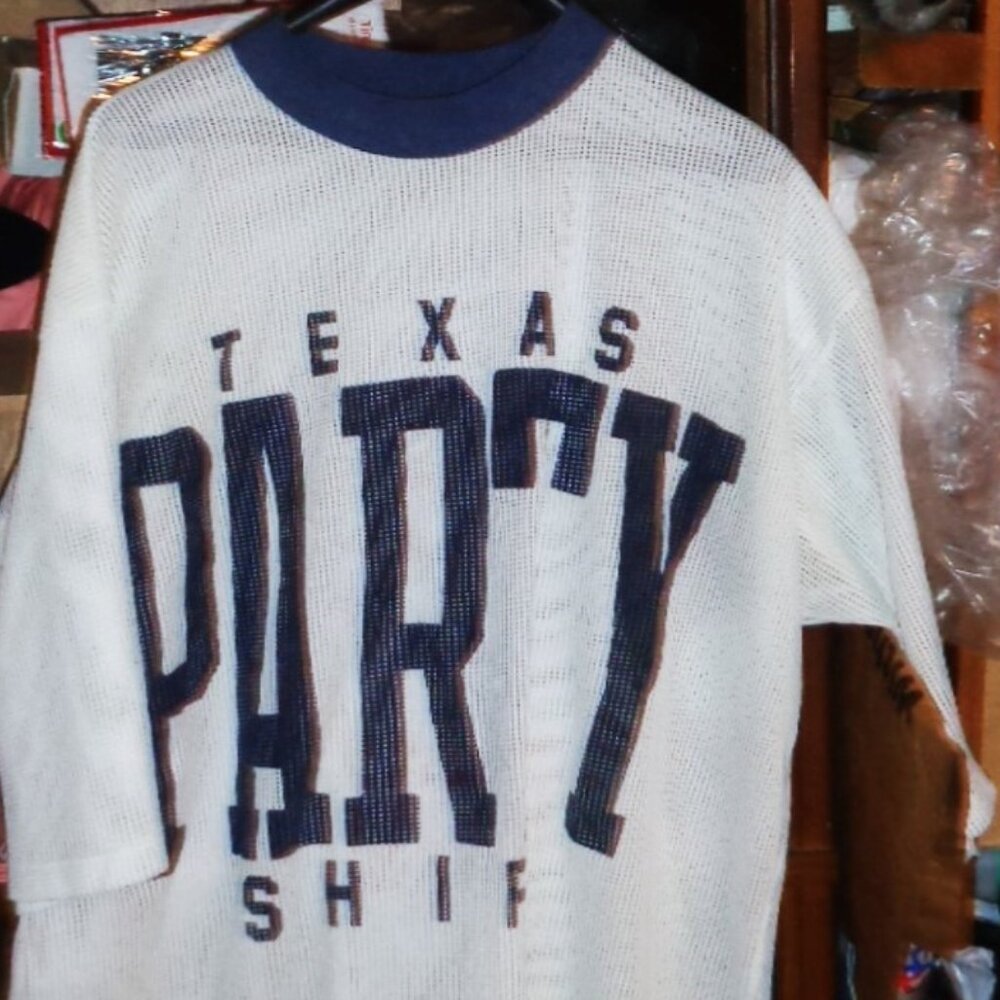 ONE SIZE FITS ALL 'TEXAS PARTY SHIRT'-SHEER WHITE WITH BLUE TRIM-NEVER WORN!